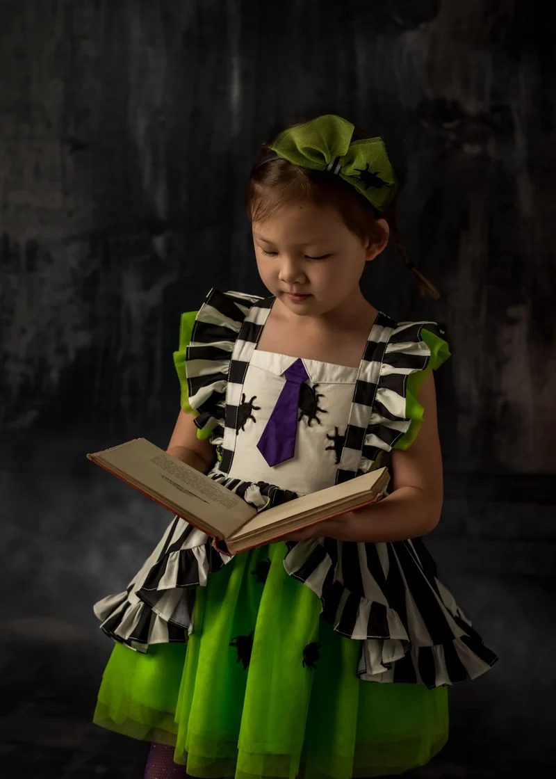 Preorder GSD1411 Halloween spider green black striped flutter sleeve girls dress