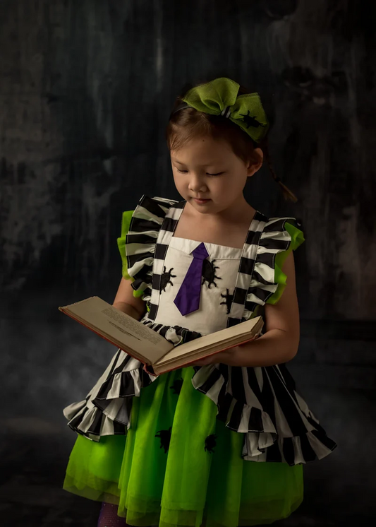 Preorder GSD1411 Halloween spider green black striped flutter sleeve girls dress