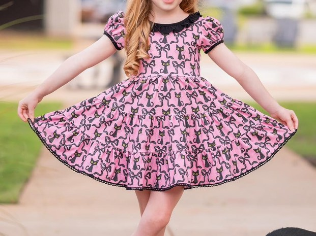 Preorder GSD1427 cat black bows hot pink short sleeve girls dress