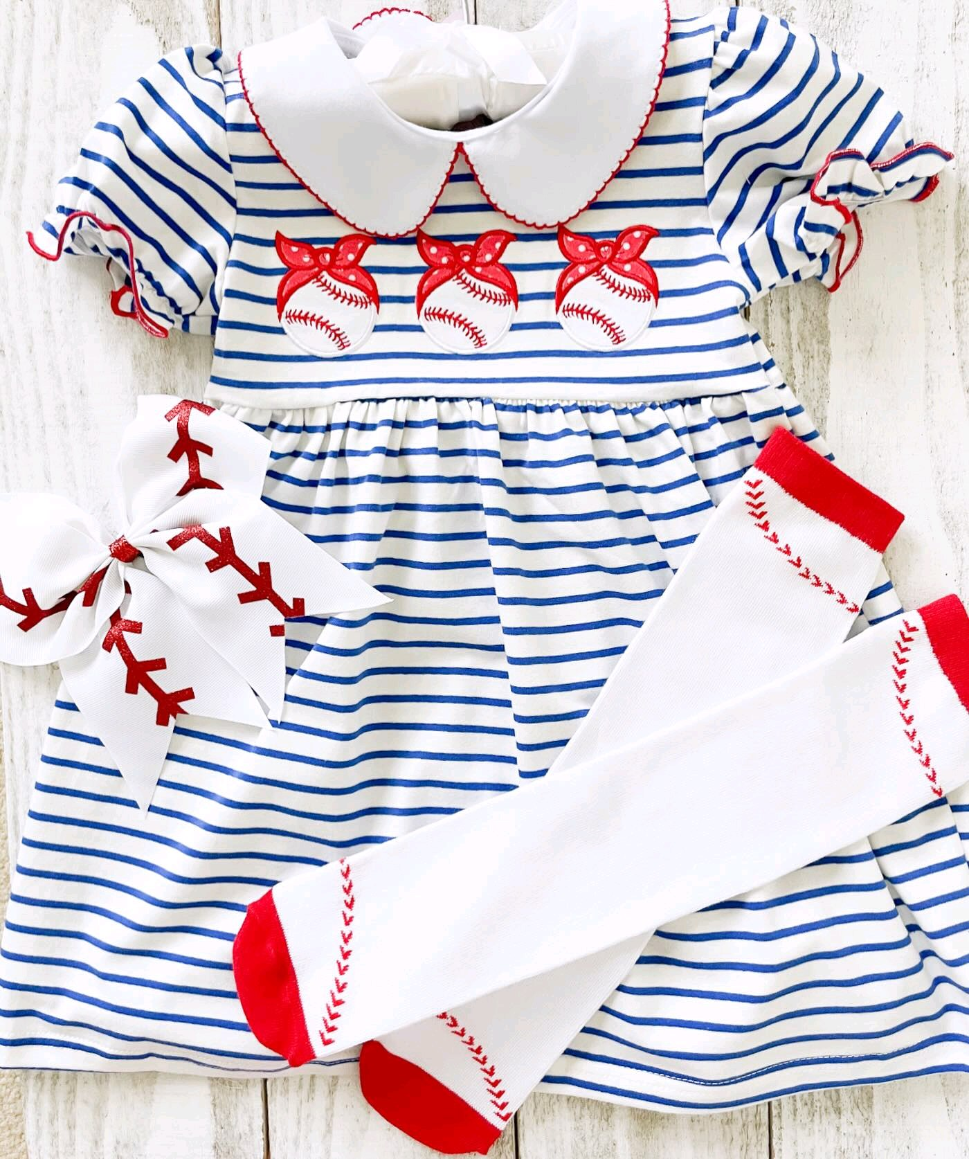 Preorder GSD1436 cute baseball blue striped short sleeve girls dress