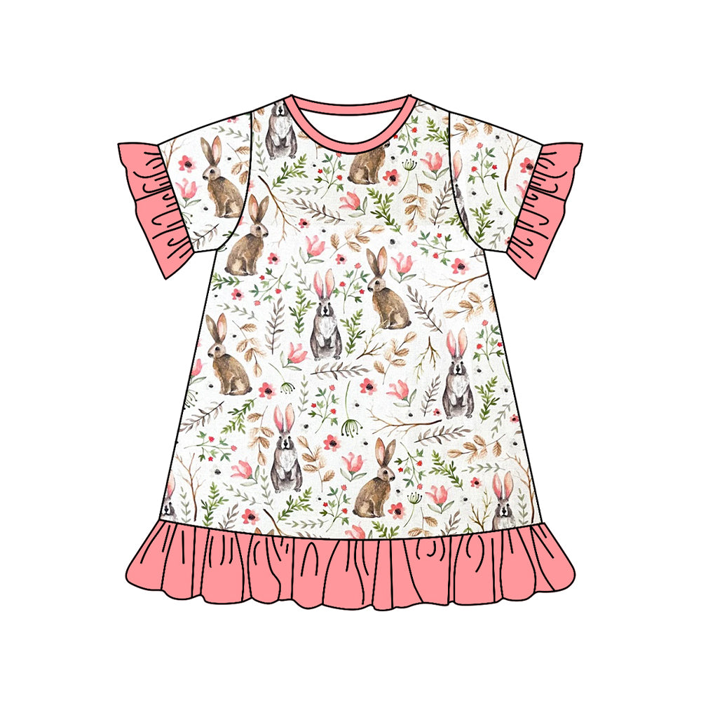 Preorder GSD1438 cute bunny rabbit flowers pink short sleeve girls dress