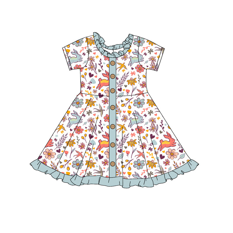 Preorder GSD1445 Easter cute bunny rabbit colorful flowers blue short sleeve girls dress