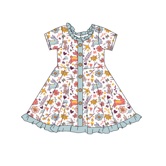 Preorder GSD1445 Easter cute bunny rabbit colorful flowers blue short sleeve girls dress