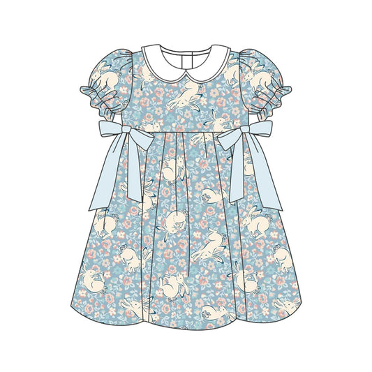 Preorder GSD1446 cute bunny rabbit flowers blue short sleeve girls dress