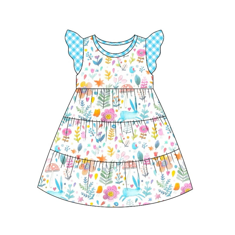 Preorder GSD1447 Easter cute bunny rabbit colorful flowers blue flutter sleeve girls dress