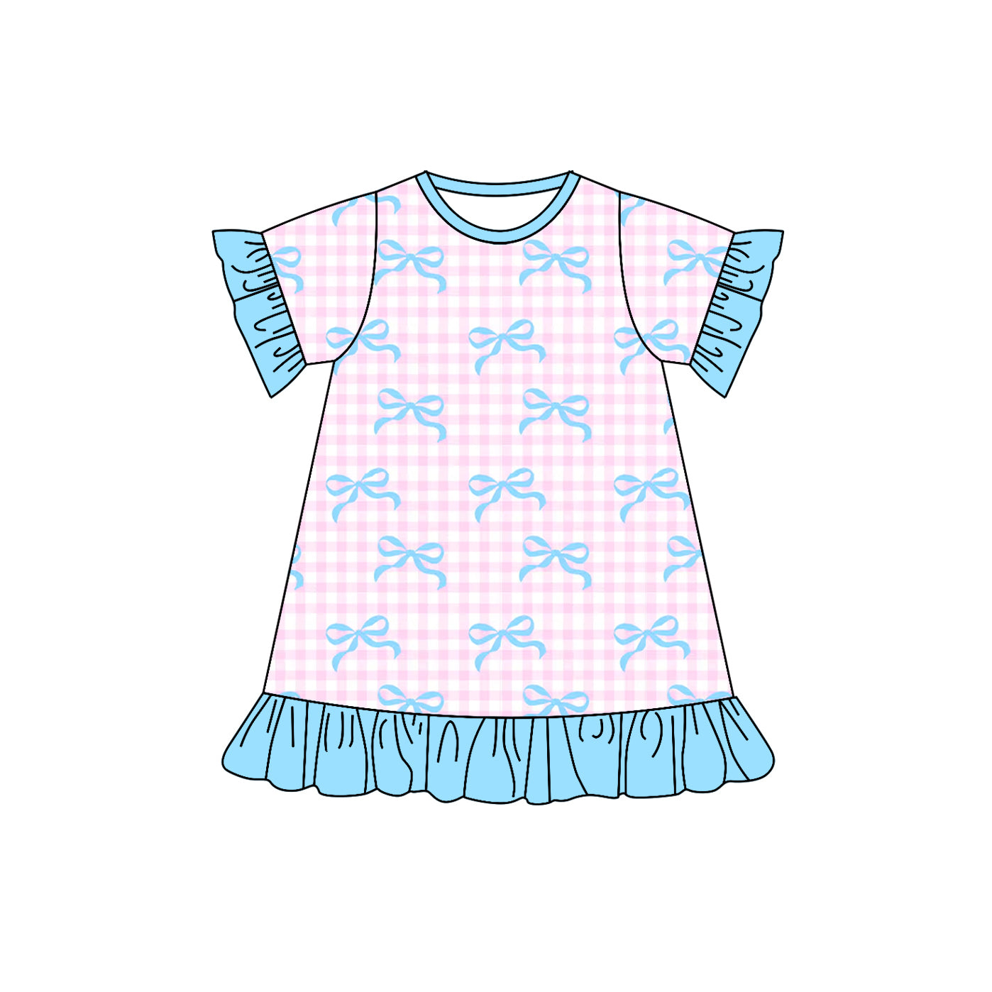 Preorder GSD1448 blue bows pink checkered short sleeve girls ruffles dress