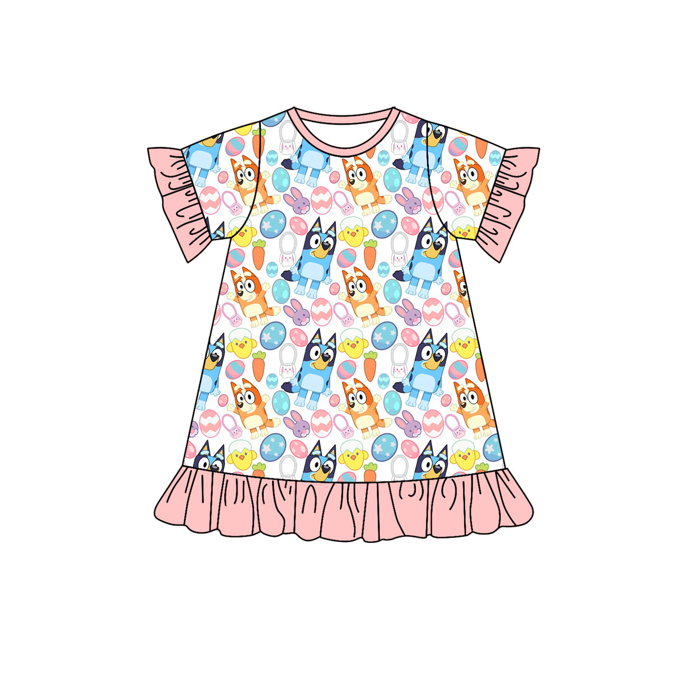 Preorder GSD1452 Easter cartoon blue dog colorful egg pink short sleeve girls dress