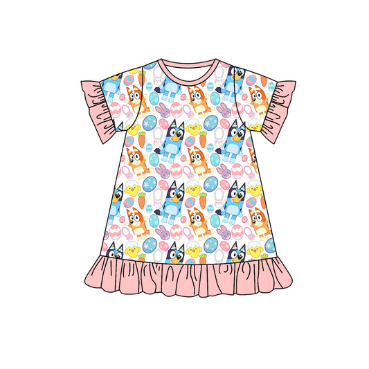 Preorder GSD1452 Easter cartoon blue dog colorful egg pink short sleeve girls dress