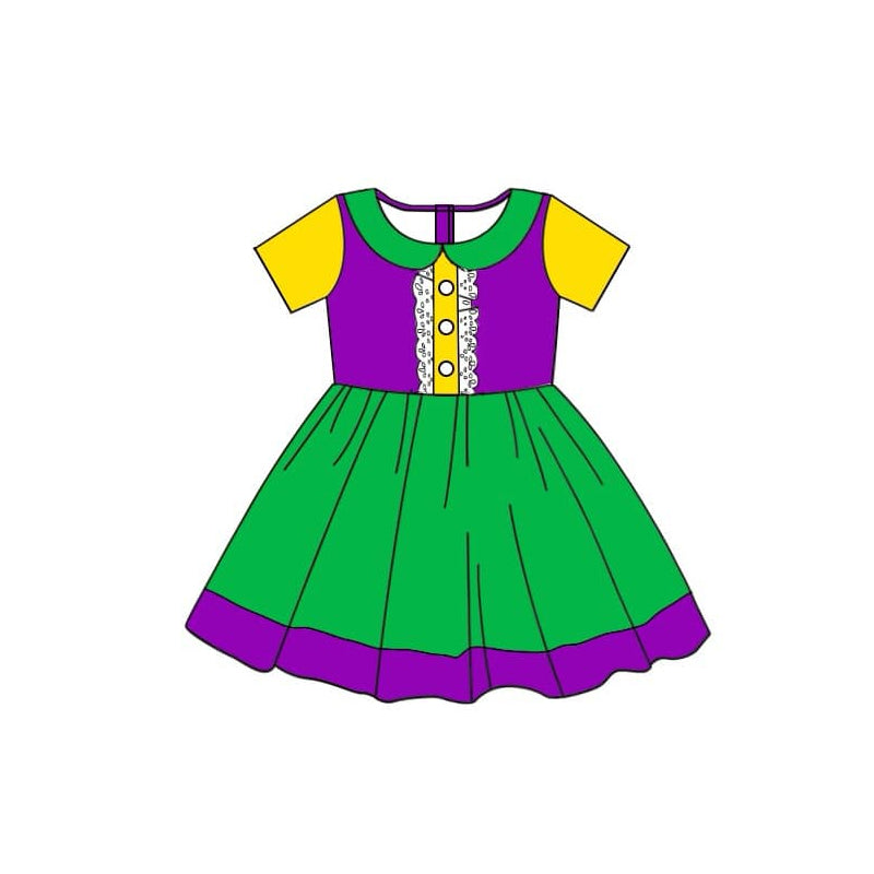 Preorder GSD1454 Mardi Gras purple yellow green short sleeve girls dress