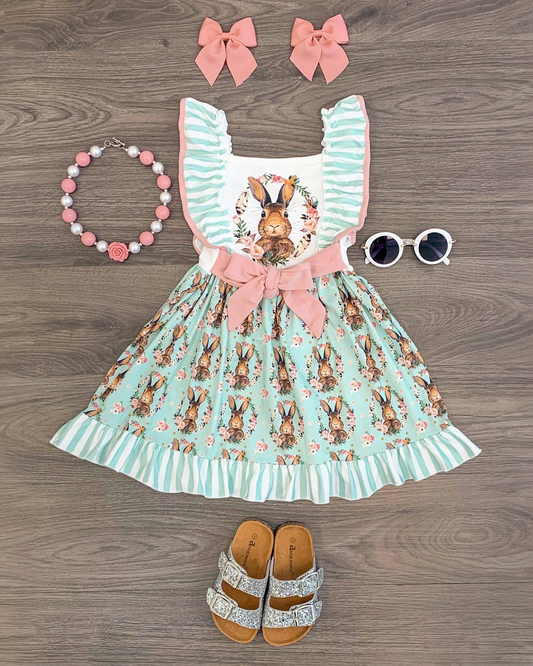 Preorder GSD1463 Easter cute bunny rabbit flowers bow green flutter sleeve girls dress