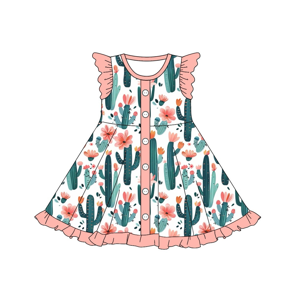 Preorder GSD1471 Western cactus flowers pink flutter sleeve girls dress