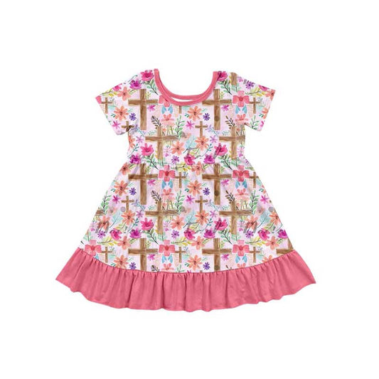 Preorder GSD1485 Easter colorful flowers cross pink short sleeve girls dress