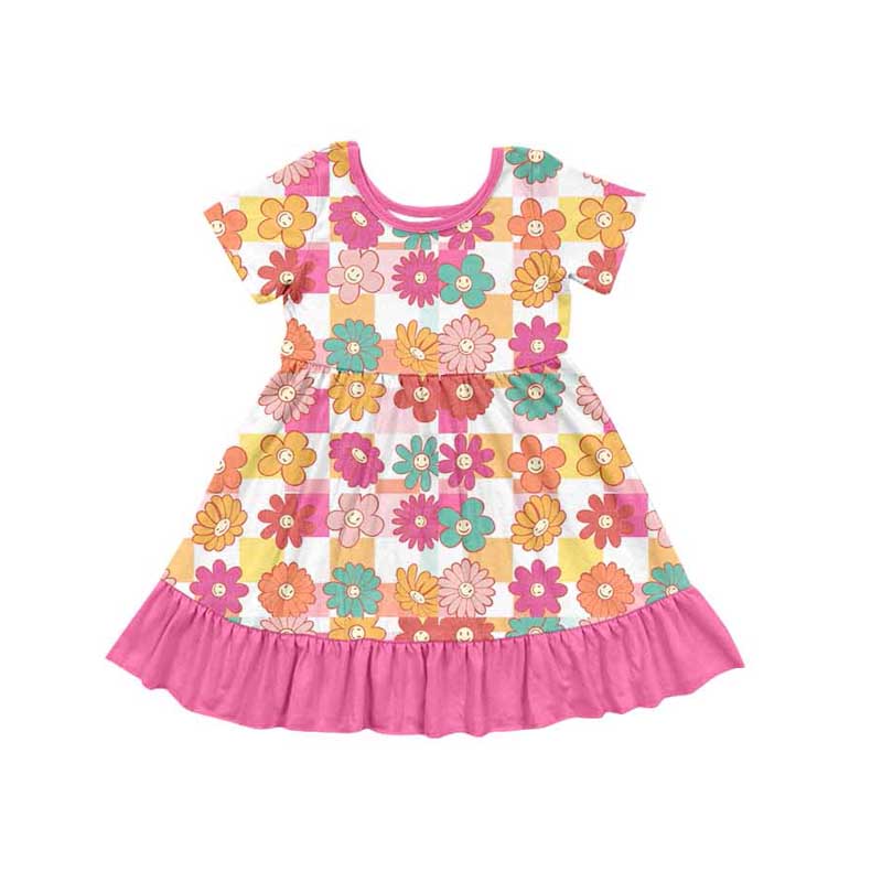 Preorder GSD1488 smile colorful flowers hot pink short sleeve girls dress