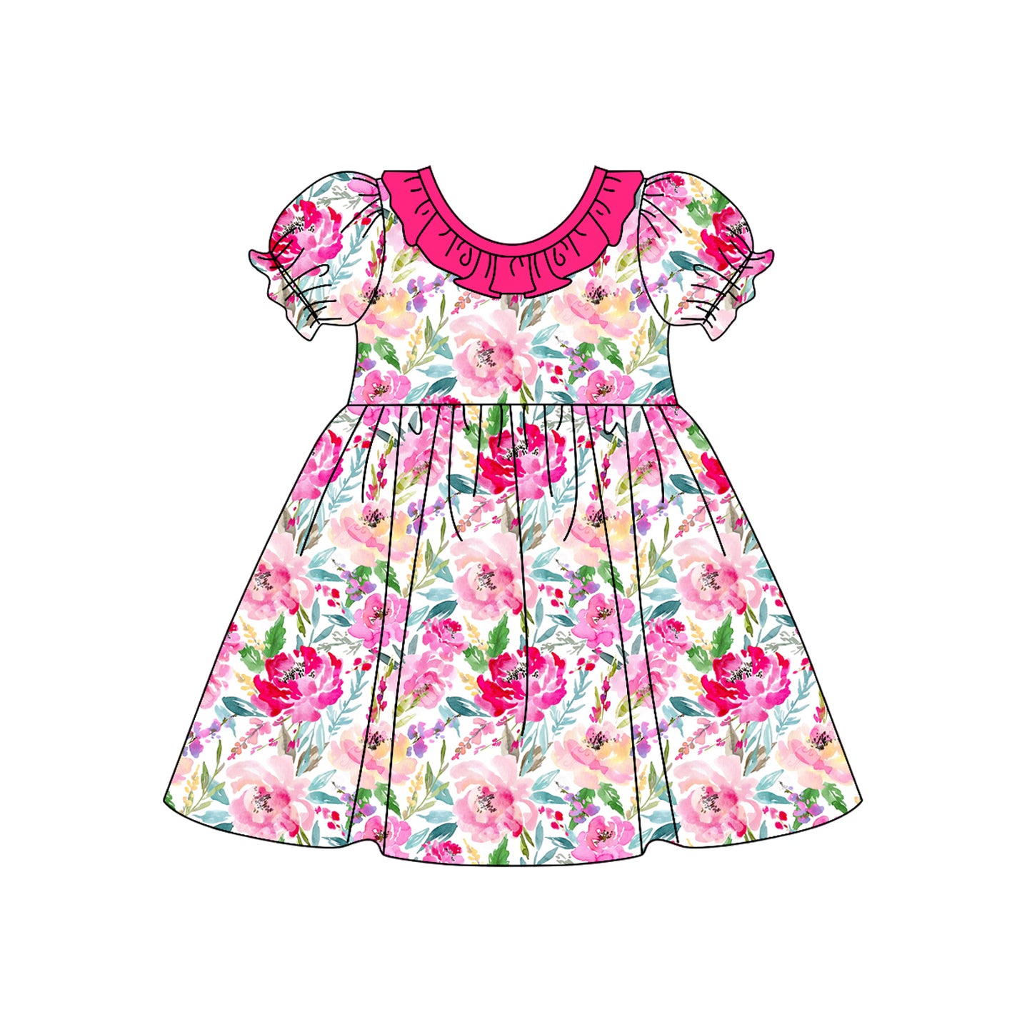 Preorder GSD1489 watercolor flowers hot pink short sleeve girls dress