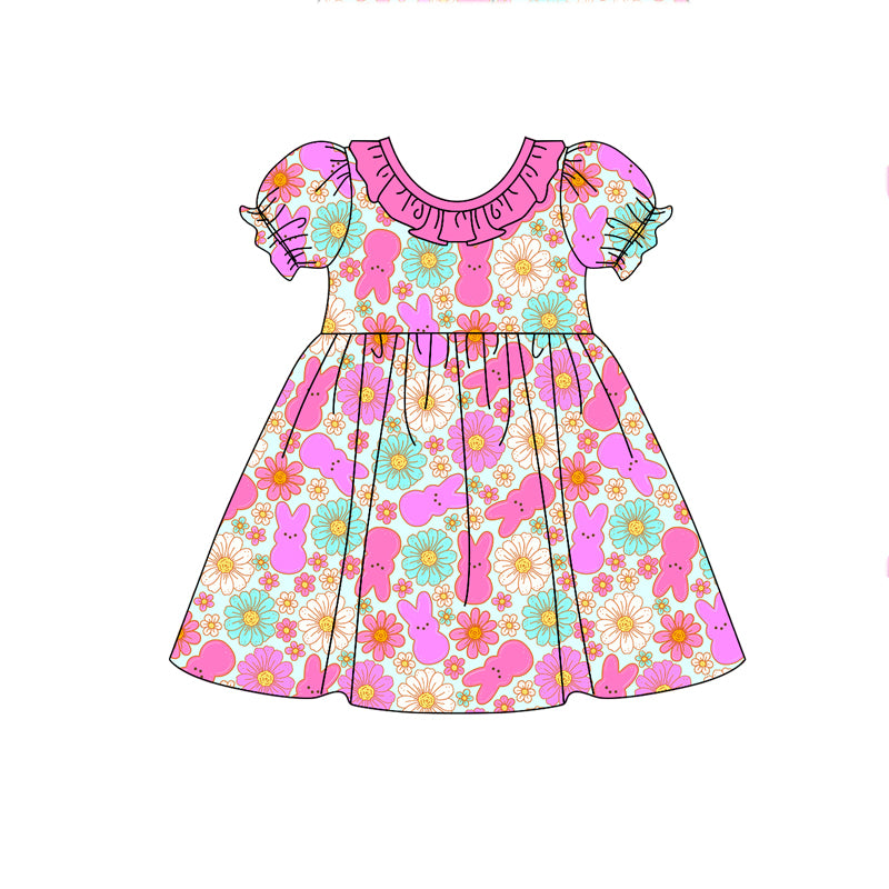 Preorder GSD1495 Easter bunny rabbit flowers hot pink short sleeve girls dress