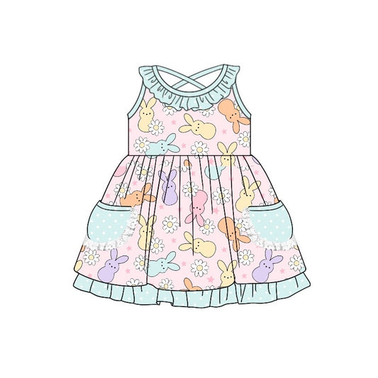 Preorder GSD1496 Easter bunny rabbit flowers pink aqua pockets girls dress