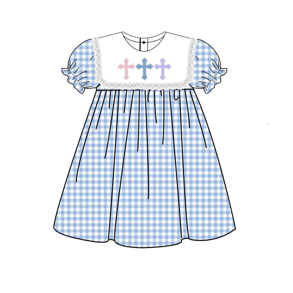 Preorder GSD1522 Easter cross blue checkered short sleeve girls dress