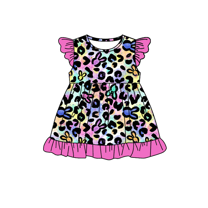 Preorder GSD1535 Easter bunny rabbit colorful leopard flutter sleeve hot pink girls dress