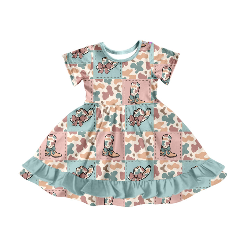 Preorder GSD1536 Western cute camo boot hat pink short sleeve girls dress
