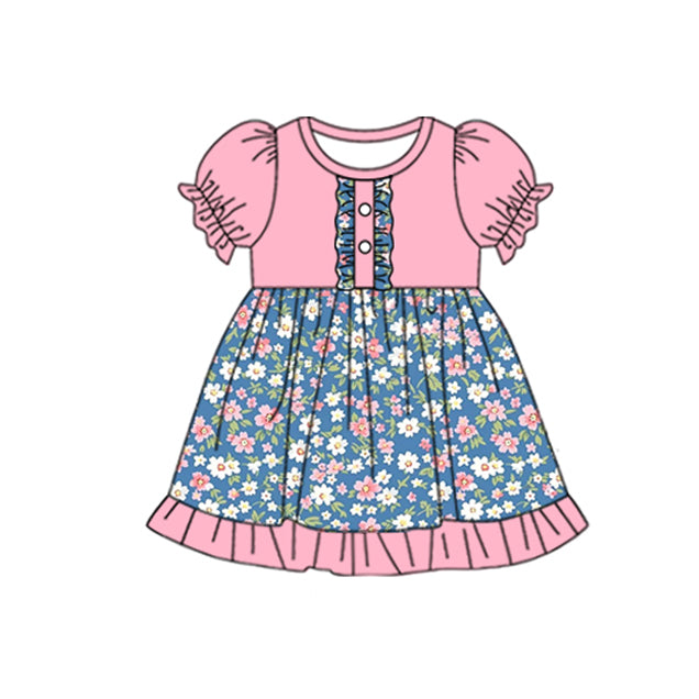 Preorder GSD1540 colorful flowers pink short sleeve girls dress