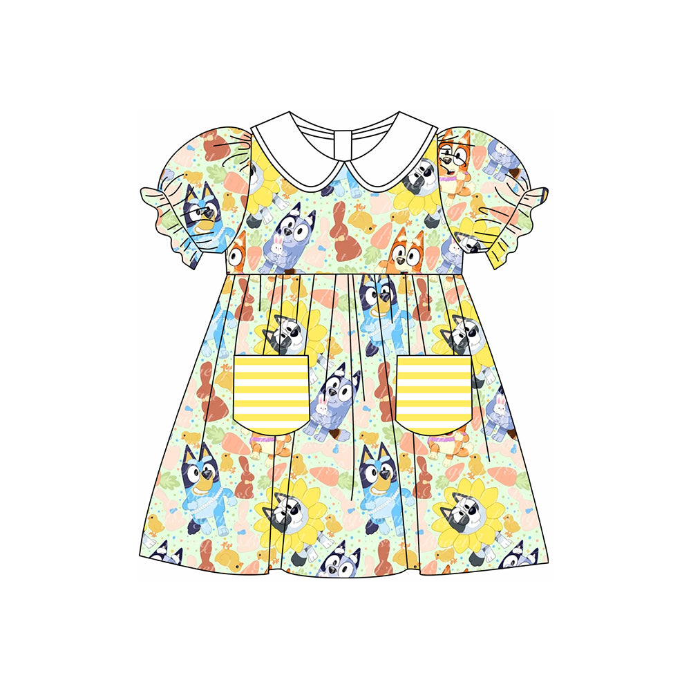 Preorder GSD1551 Easter blue dog rabbit pocket yellow short sleeve girls dress