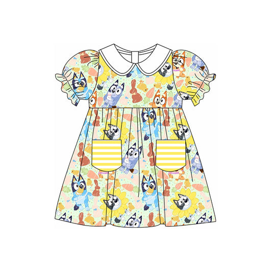 Preorder GSD1551 Easter blue dog rabbit pocket yellow short sleeve girls dress