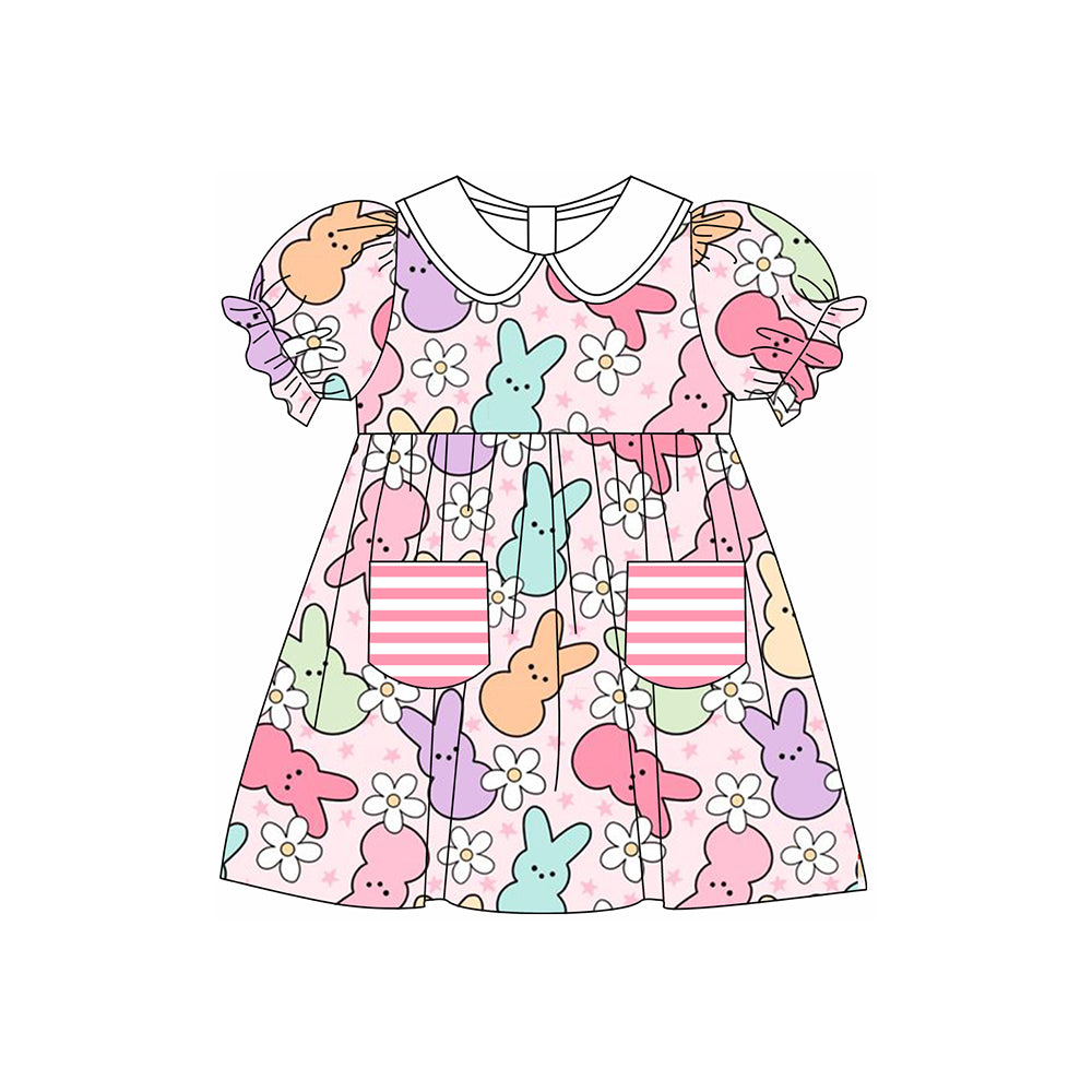 Preorder GSD1552 Easter rabbit flowers pink pockets short sleeve girls dress