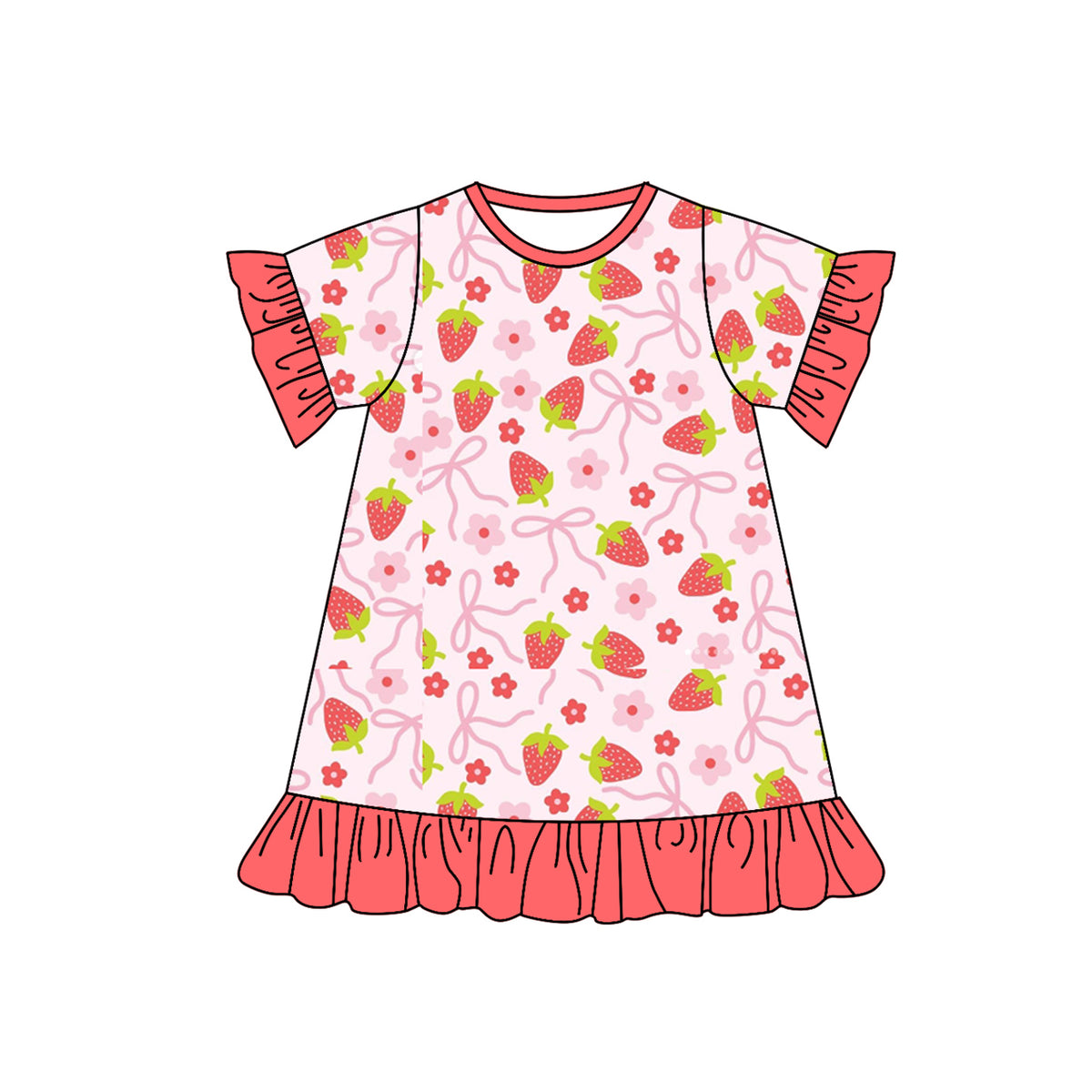Preorder GSD1562 pink flowers bows strawberry watermelon red short sleeve girls dress