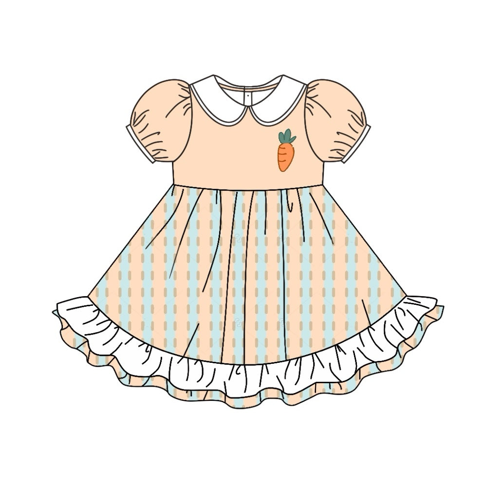 Preorder GSD1566 Easter carrot orange blue striped short sleeve girls dress