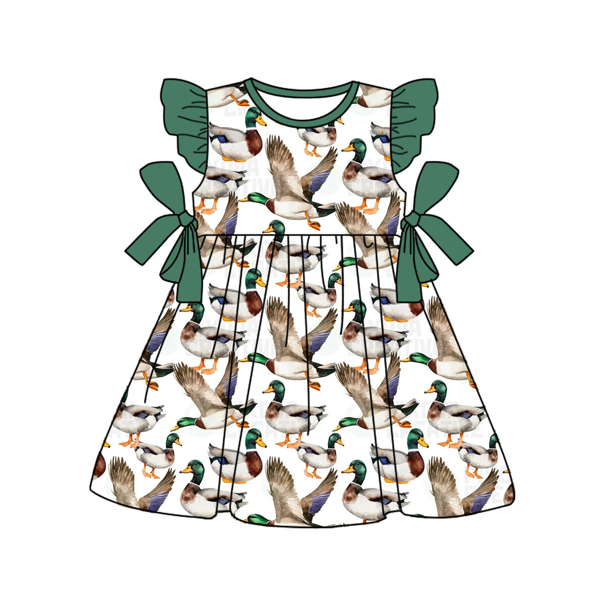 Preorder GSD1568 hunting mallard duck green bows flutter sleeve girls dress