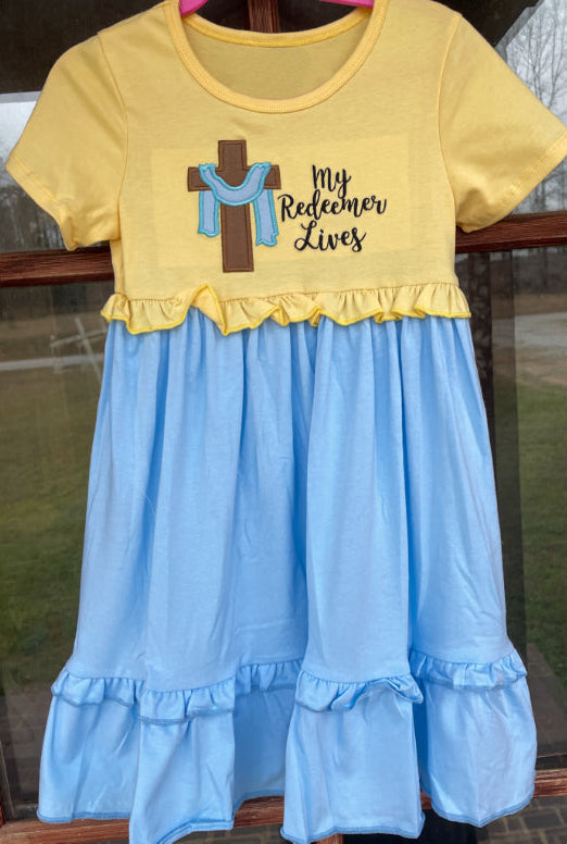 Preorder GSD1572 Easter my redeemer lives yellow blue checkered short sleeve girls dress