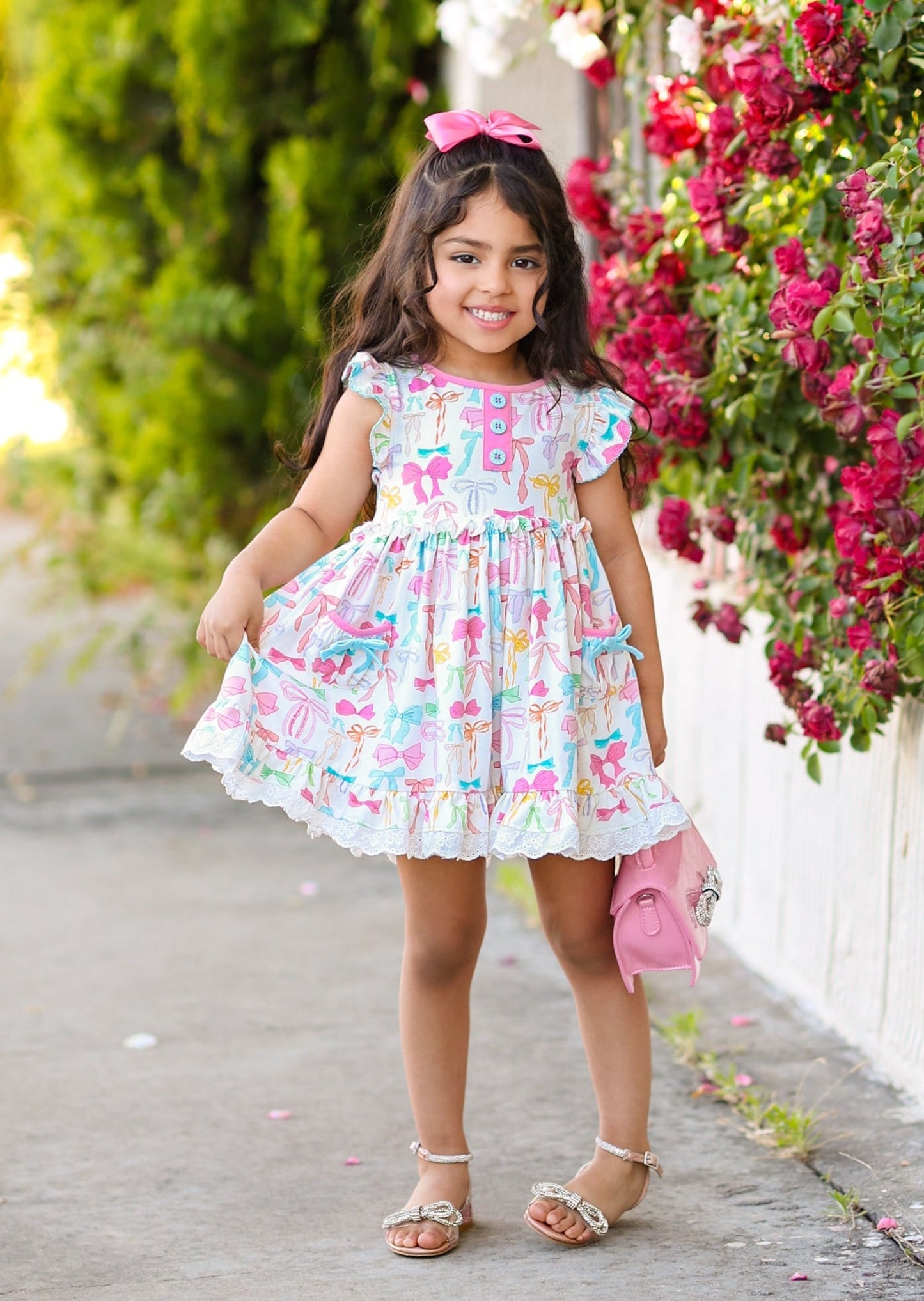 Preorder GSD1575 colorful bows pockets short sleeve girls dress