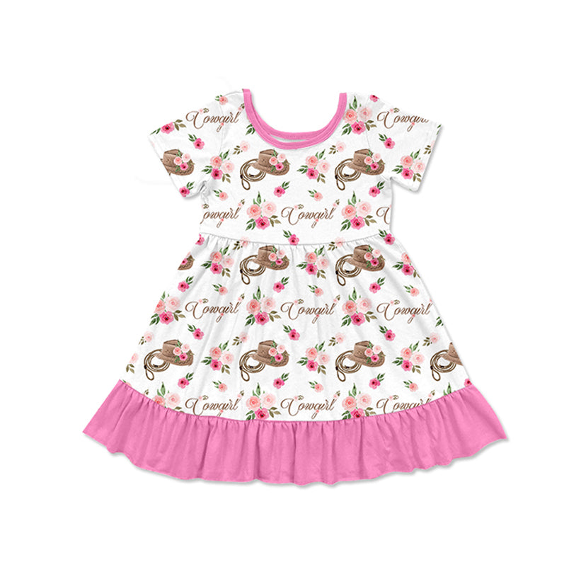 Preorder GSD1579 Western cowgirl hat flowers hot pink short sleeve girls dress