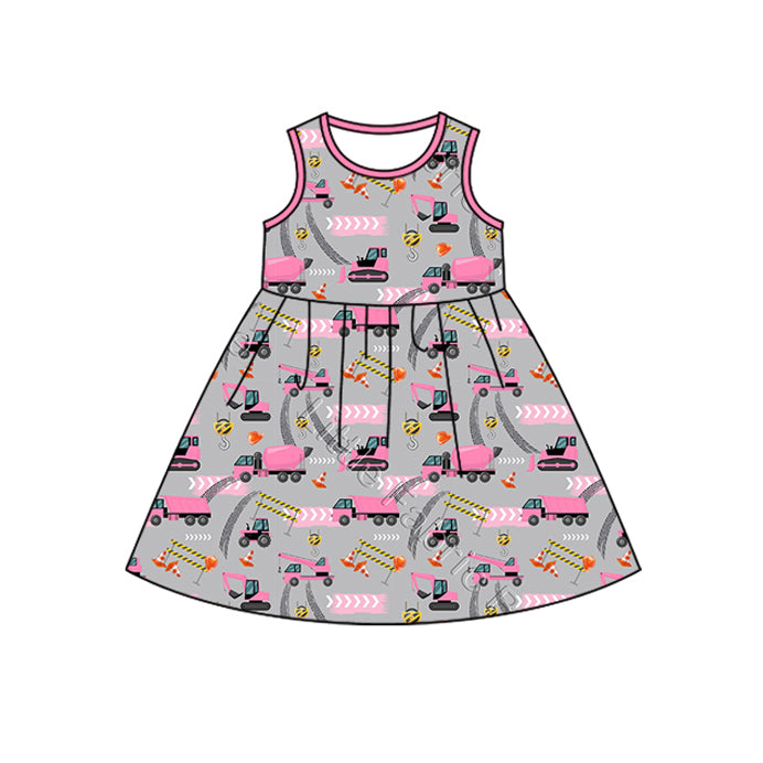 Preorder GSD1580 cute construction hot pink sleeveless girls dress