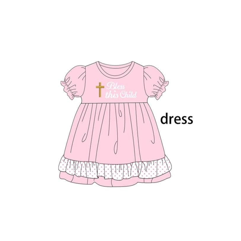 Preorder GSD1584 Easter cross bless this child pink short sleeve girls dress