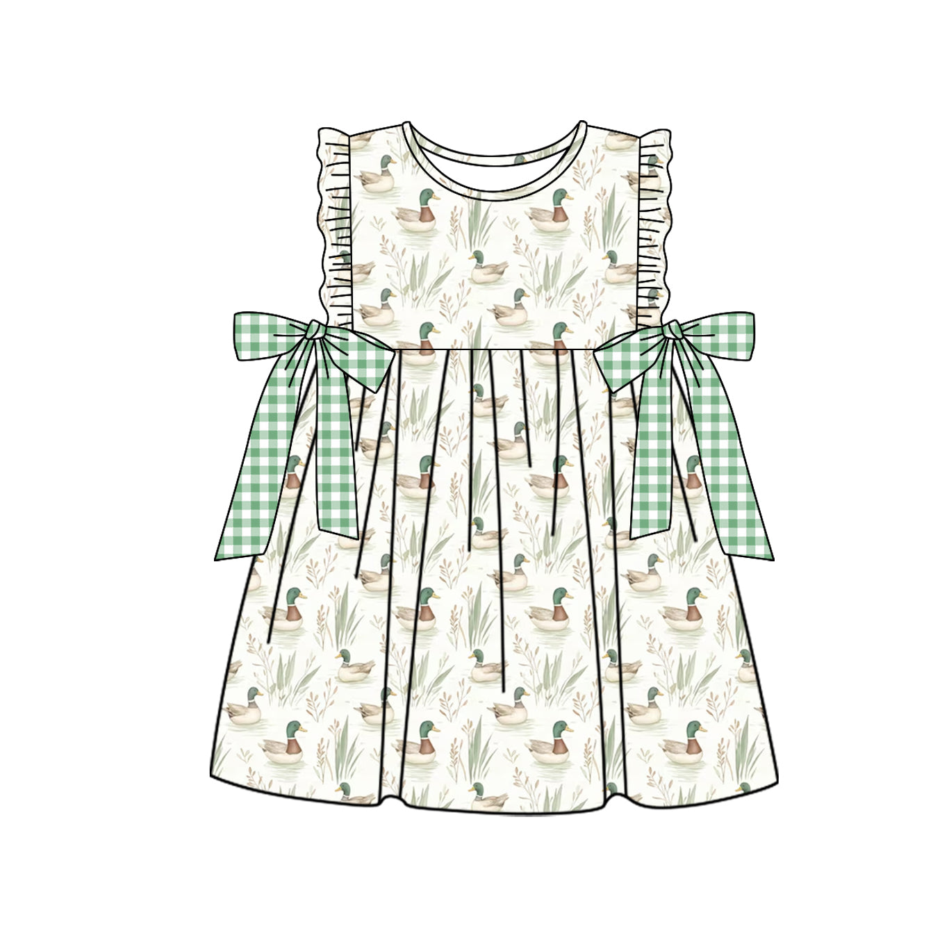 Preorder GSD1588 cute mallard duck bows green flutter sleeve girls dress