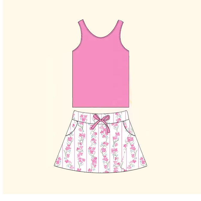 Preorder GSD1597 hot pink sleeveless hot pink flowers skirt girls dress set