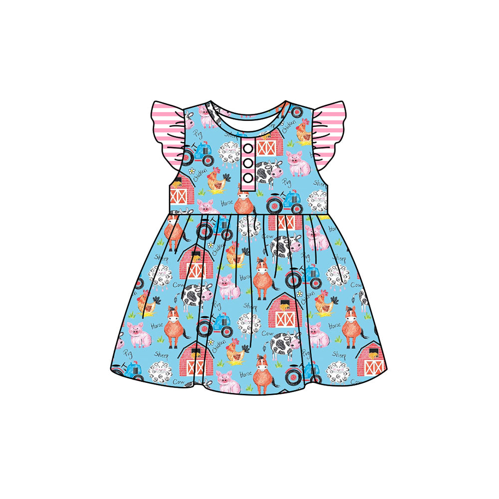 preorder GSD1602 farm tractor chick house horse blue flutter sleeve girls dress