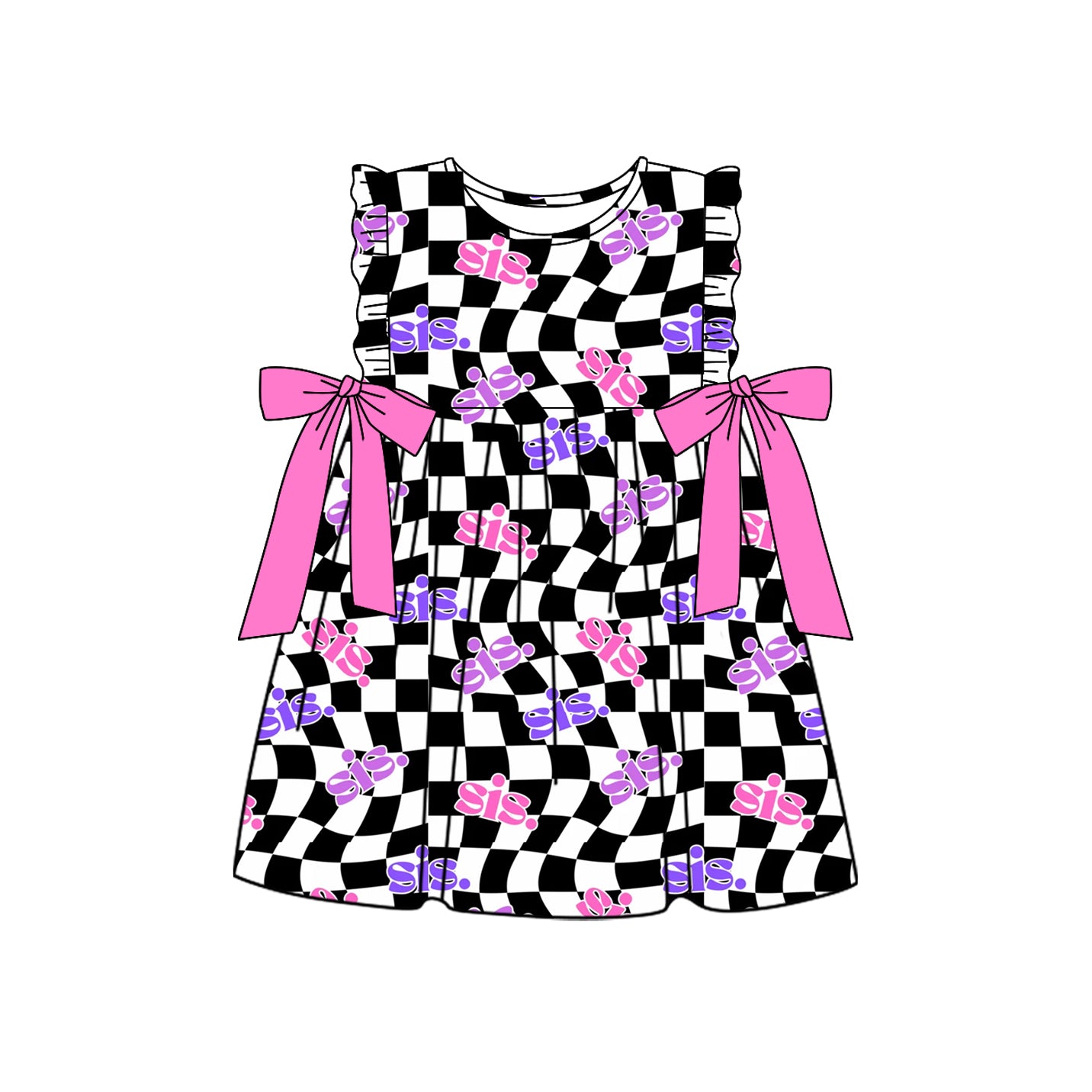 preorder GSD1616 sis.sister black checkered hot pink bows flutter sleeve girls dress