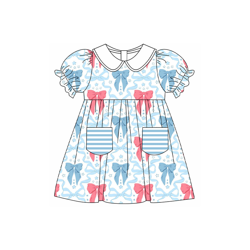 preorder GSD1617 pink bows blue bows pockets short sleeve girls dress