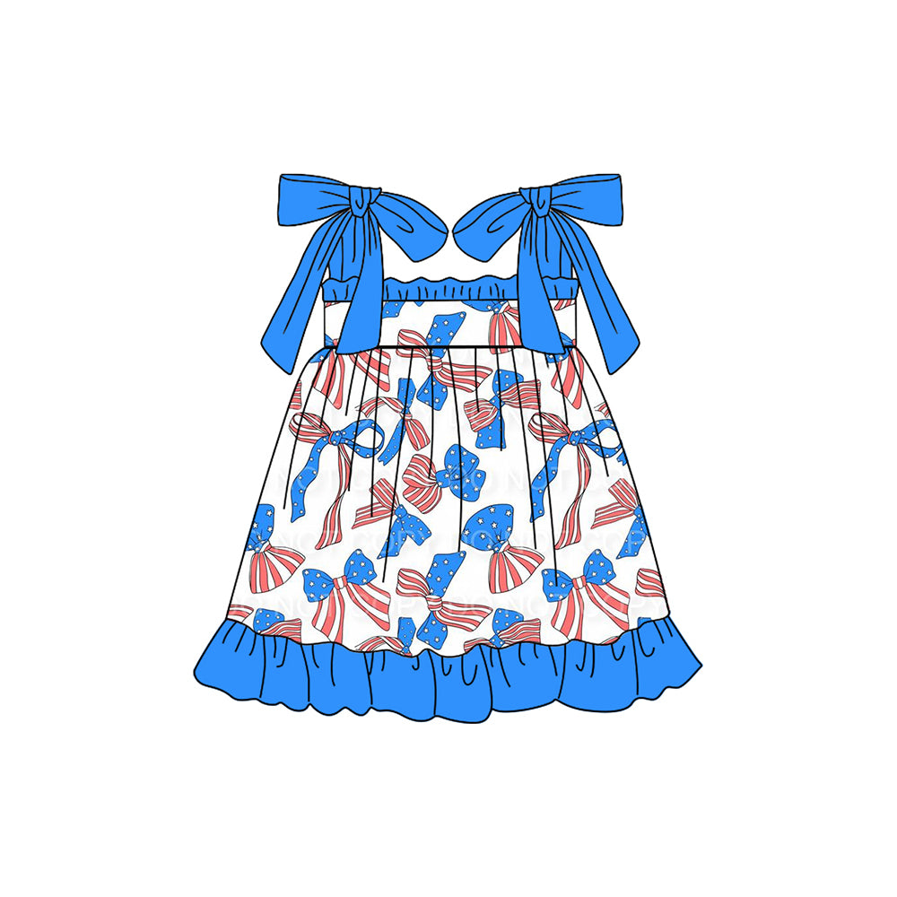 preorder GSD1619 July 4th flag bows blue lace-up girls set