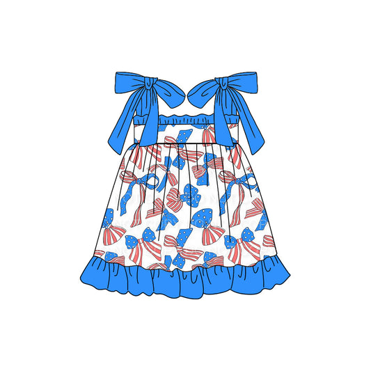 preorder GSD1619 July 4th flag bows blue lace-up girls set