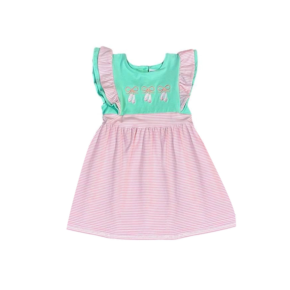 preorder GSD1622 cartoon dance shoe green pink striped flutter sleeve girls dress