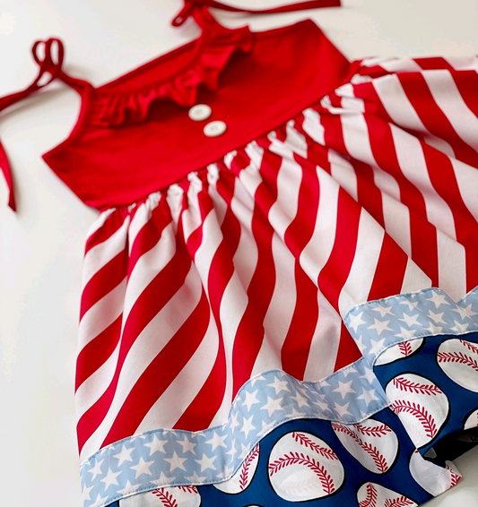 preorder GSD1623 baseball red striped lace-up girls dress