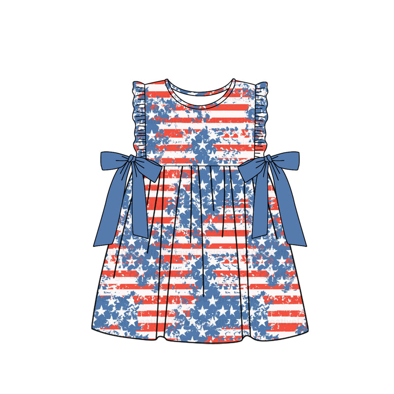 preorder GSD1624 July 4th flag star red striped bows flutter sleeve girls dress