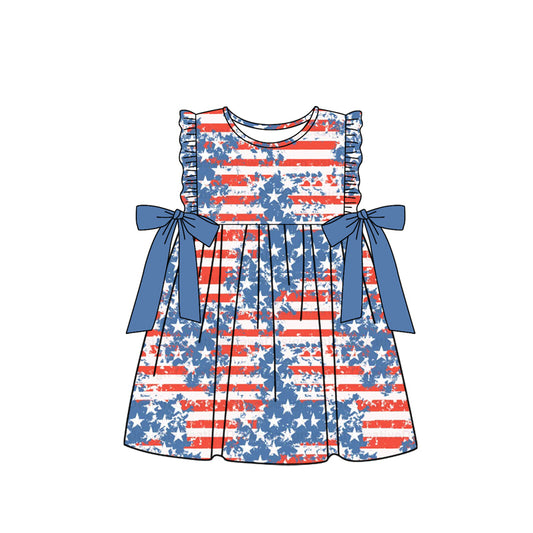 preorder GSD1624 July 4th flag star red striped bows flutter sleeve girls dress