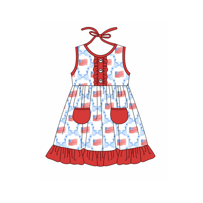 preorder GSD1625 July 4th flag red pockets lace-up girls dress