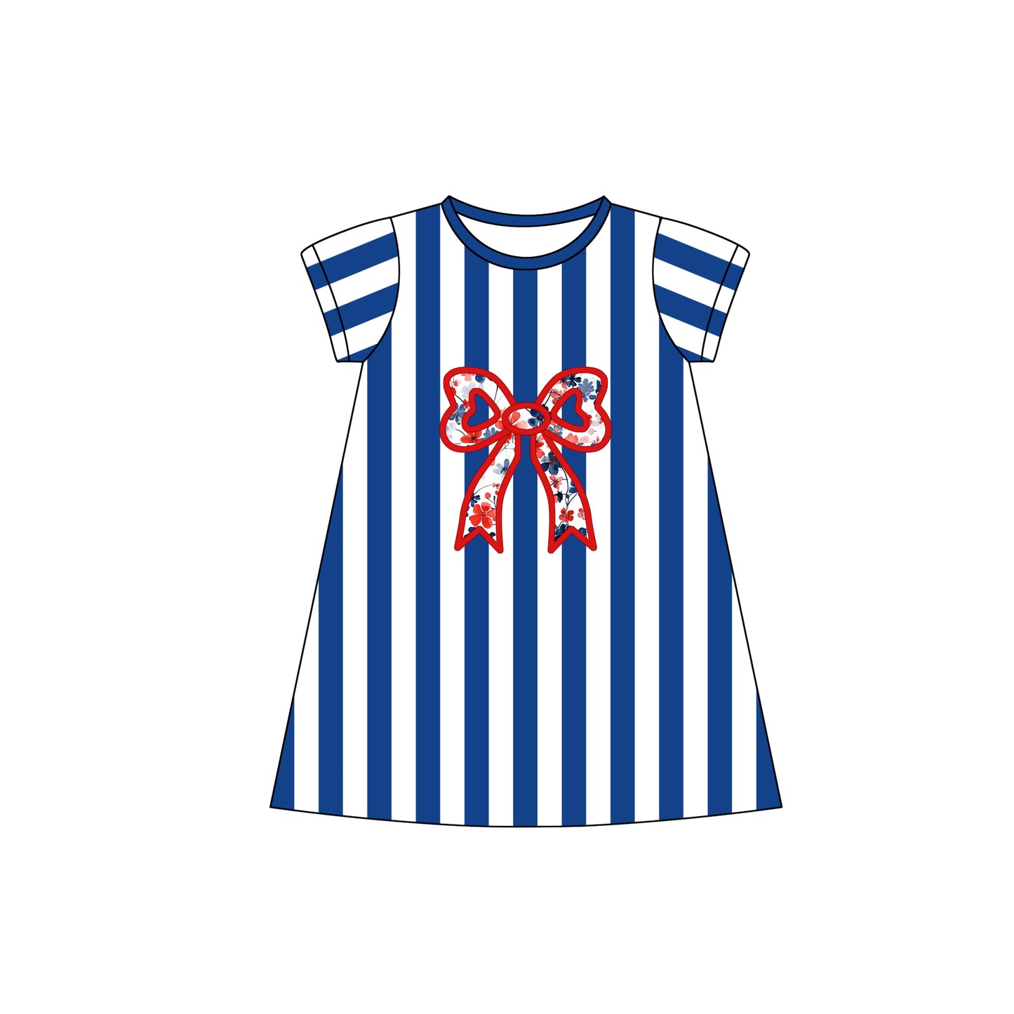 preorder GSD1627 red flowers bows blue striped short sleeve girls dress