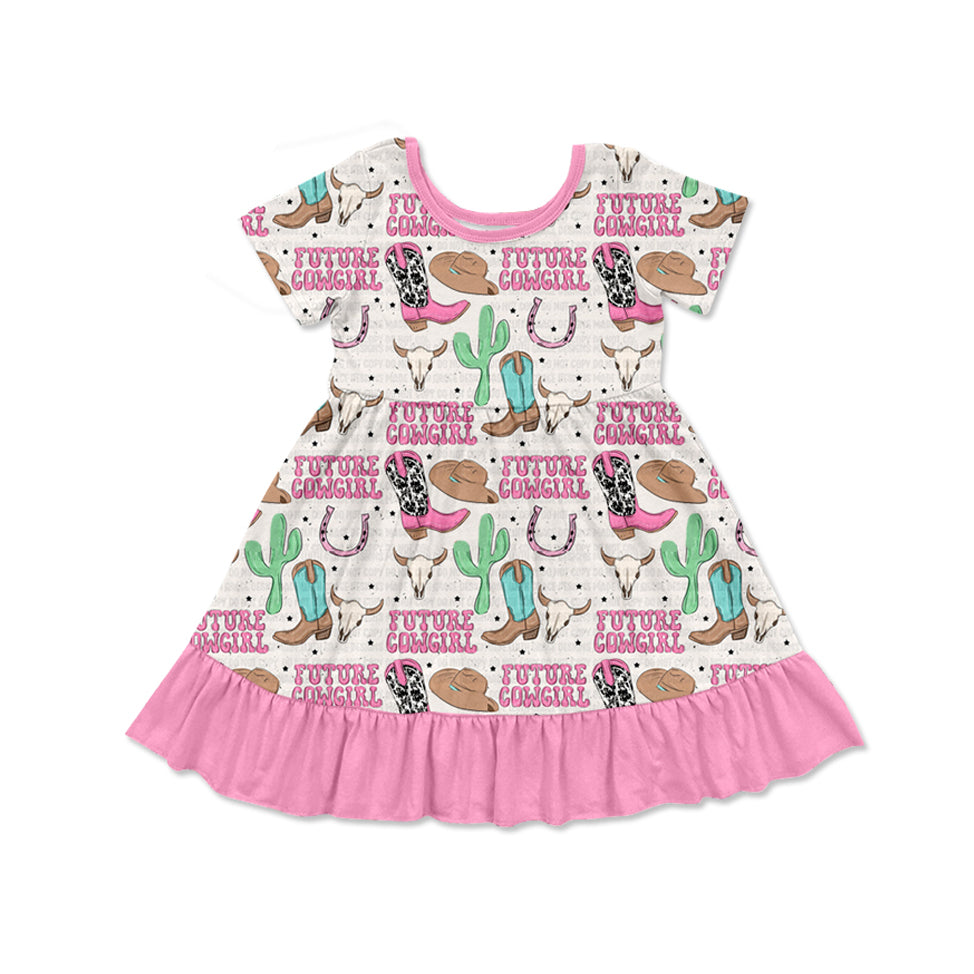 preorder GSD1630 future cowgirl Western cactus boot cow pink short sleeve girls dress