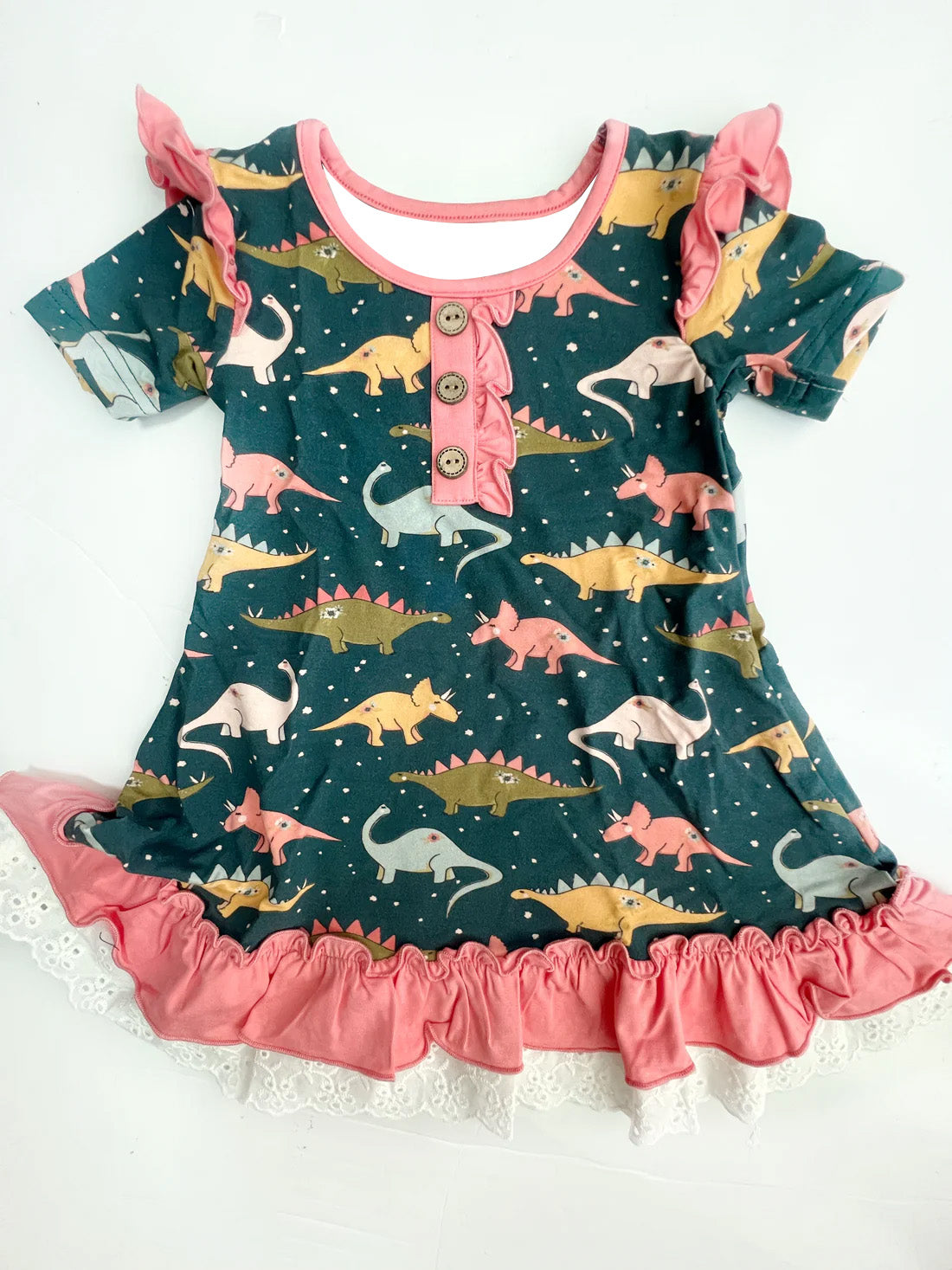 preorder GSD1638 cute dinosaur pink ruffles short sleeve girls dress